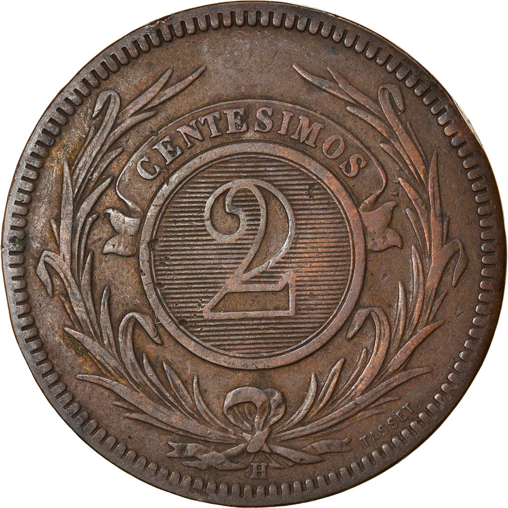 Coin, Uruguay, 2 Centesimos, 1869, Uruguay Mint, Birmingham, VF(30-35), Bronze