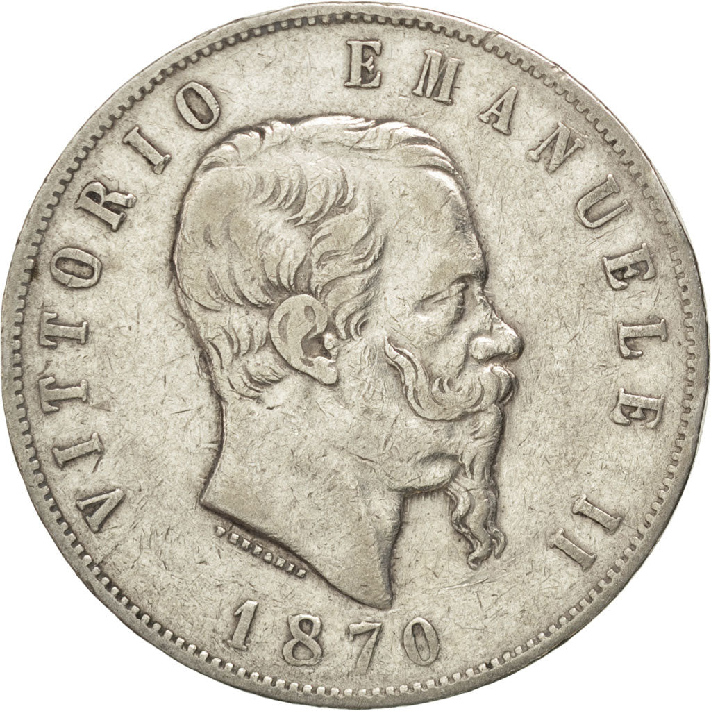 ITALY, 5 Lire, 1870, Milan, KM #8.3, EF(40-45), Silver, 24.82
