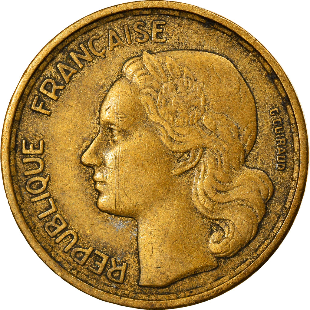 Moneda, Francia, Guiraud, 10 Francs, 1957, Paris, BC+, Aluminio - bronce