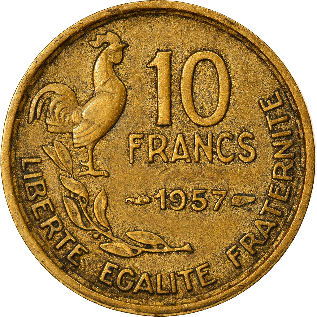 Moneda, Francia, Guiraud, 10 Francs, 1957, Paris, BC+, Aluminio - bronce