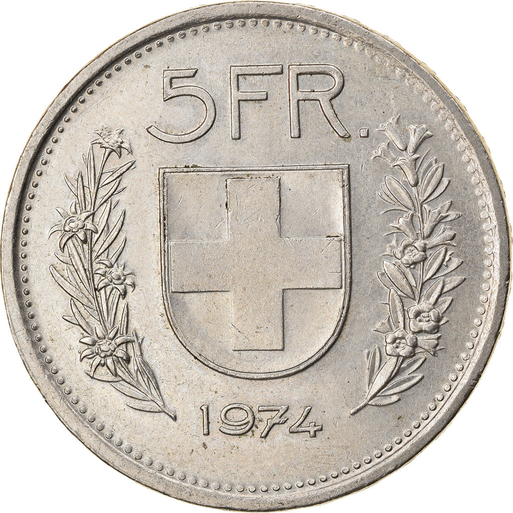 Moeda, Suíça, 5 Francs, 1974, Bern, EF(40-45), Cobre-níquel, KM:40a.1