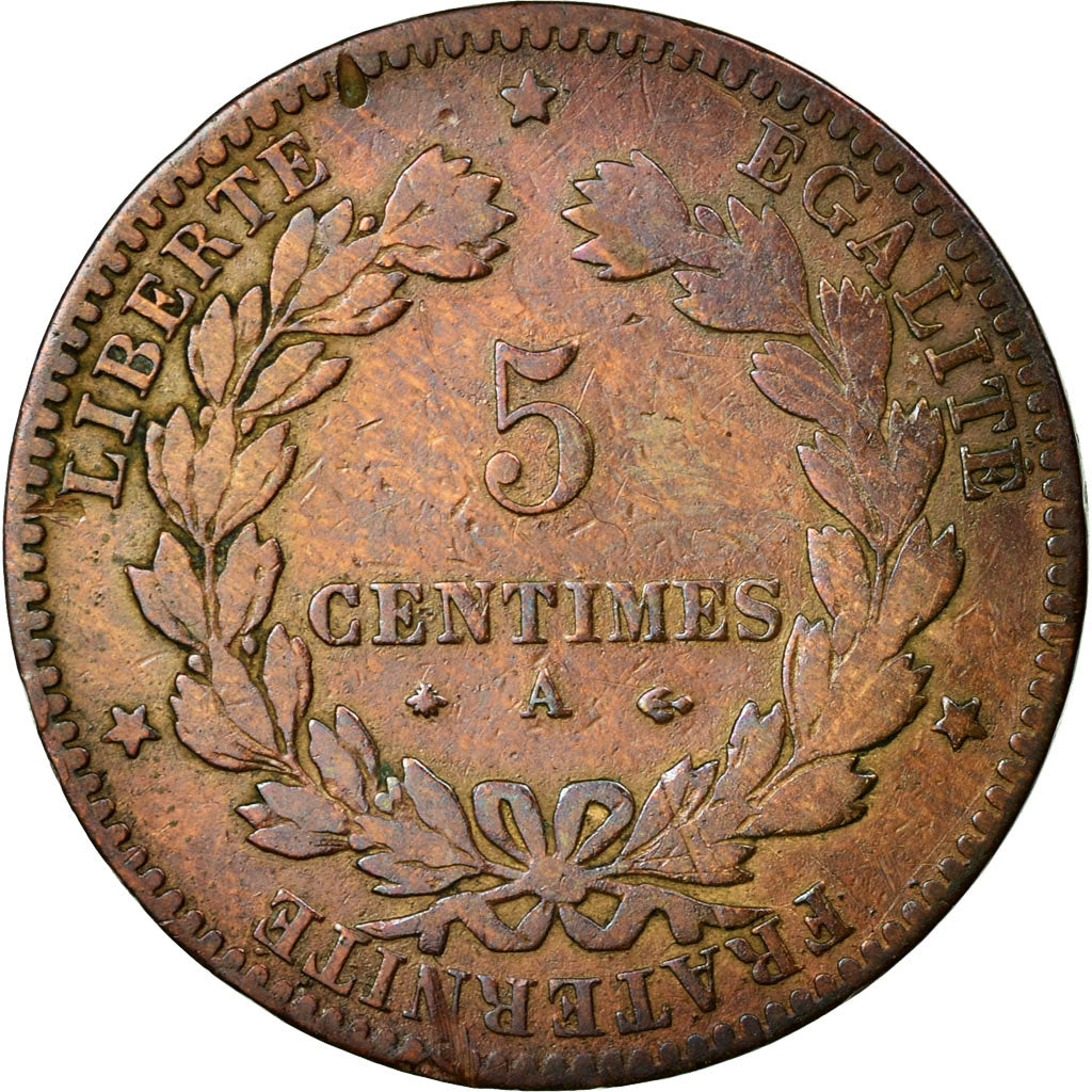 Moneta, Francia, Cérès, 5 Centimes, 1877, Paris, MB, Bronzo, KM:821.1