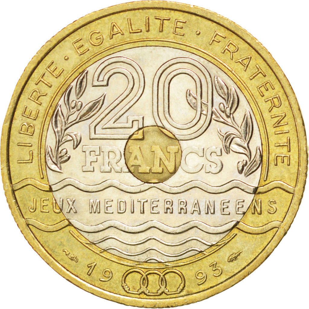 FRANCE, Jeux Méditerranéens, 20 Francs, 1993, KM #1016, AU(50-53), Tri-Metallic,