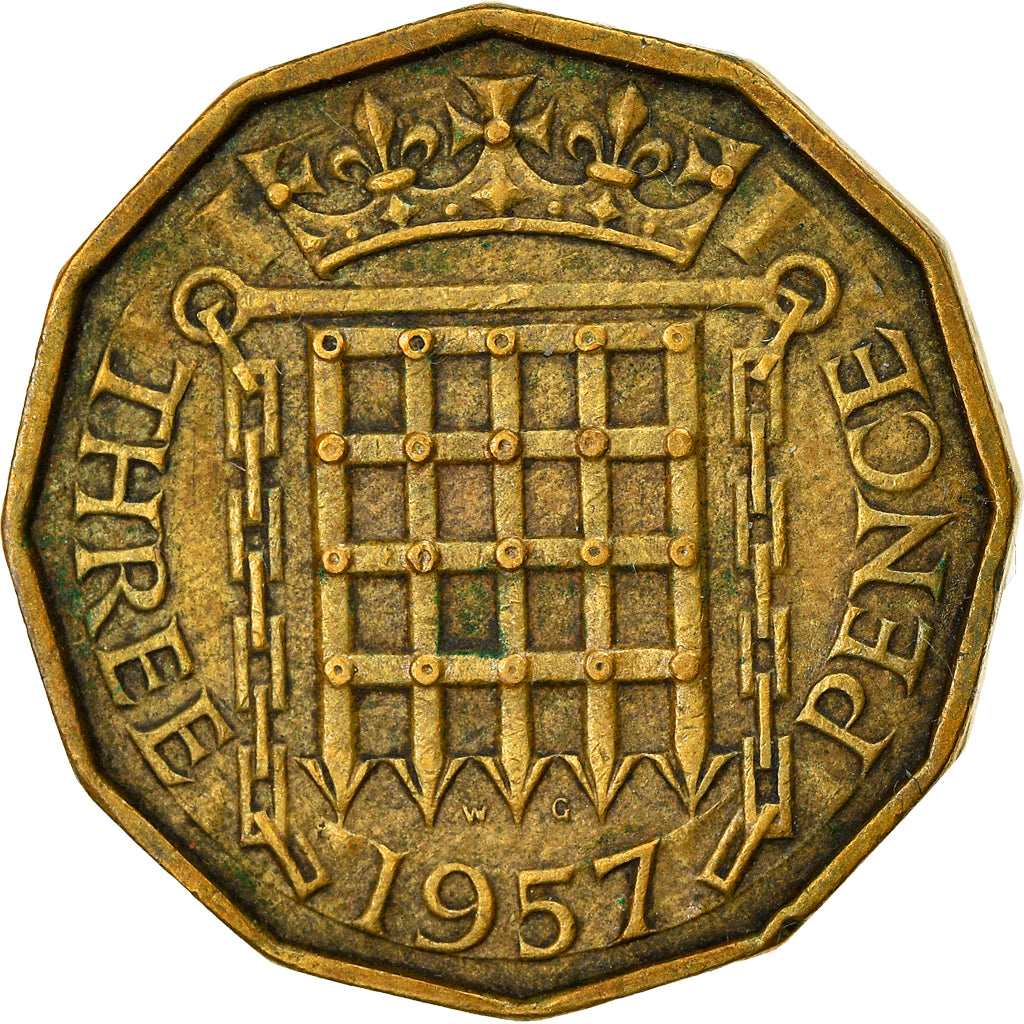 Coin, Great Britain, Elizabeth II, 3 Pence, 1957, VF(30-35), Nickel-brass