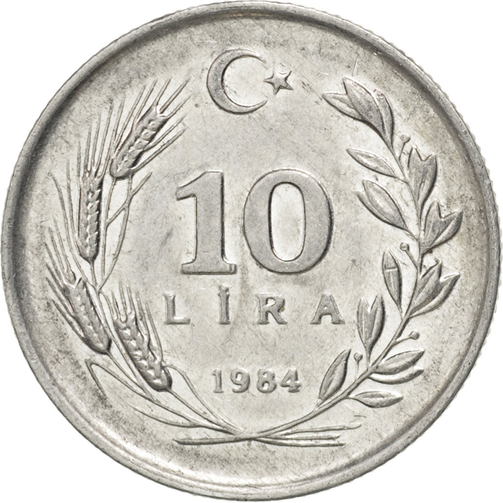 TURKEY, 10 Lira, 1984, KM #964, AU(55-58), Aluminum, 25, 2.36