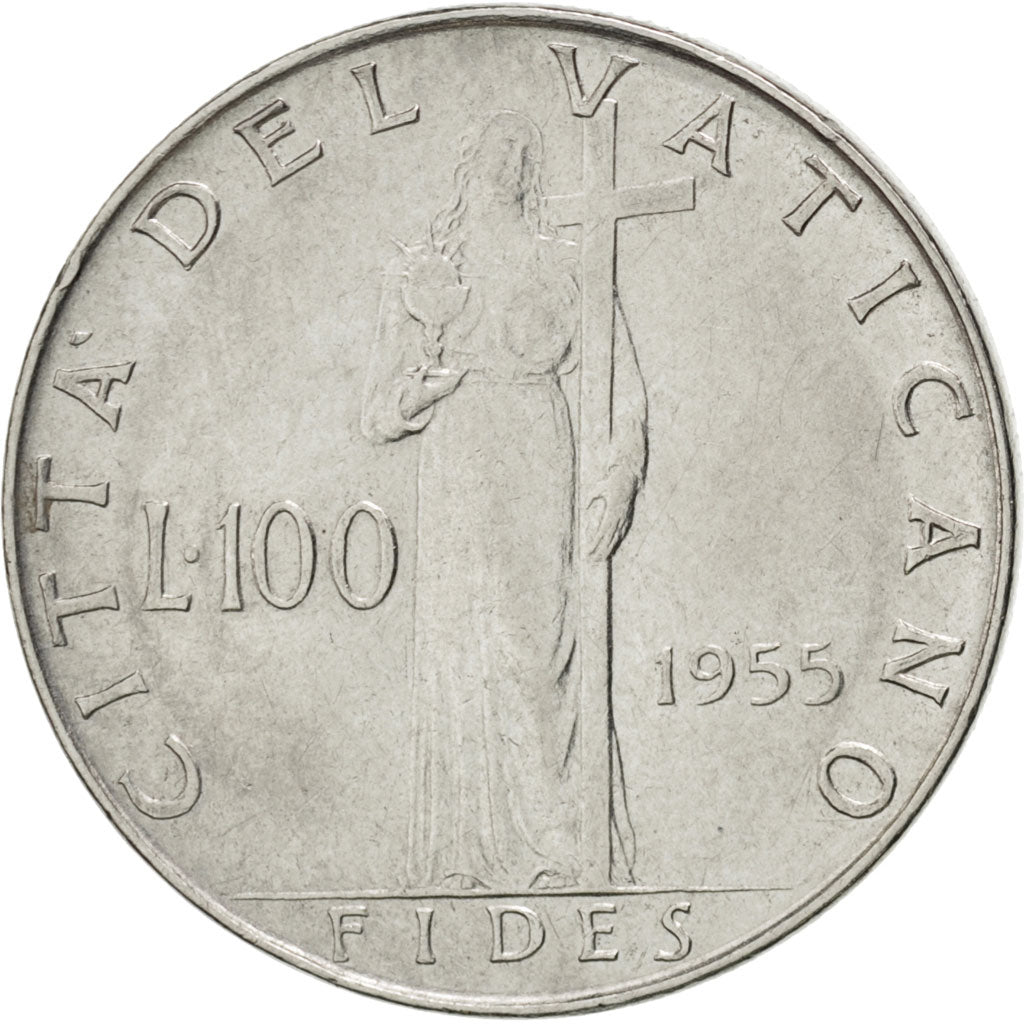 CITTÀ DEL VATICANO, Pius XII, 100 Lire, 1955, BB+, Acciaio inossidabile, KM:55
