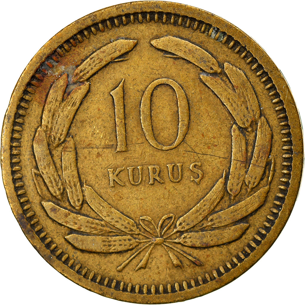 Moneta, Turcja, 10 Kurus, 1949, VF(30-35), Mosiądz, KM:888