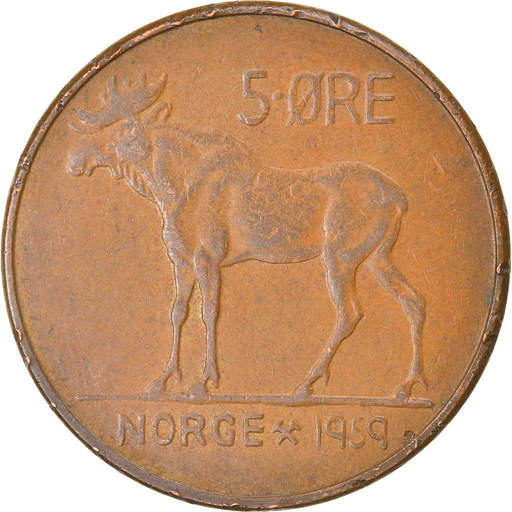 Coin, Norway, Olav V, 5 Öre, 1959, VF(30-35), Bronze, KM:405