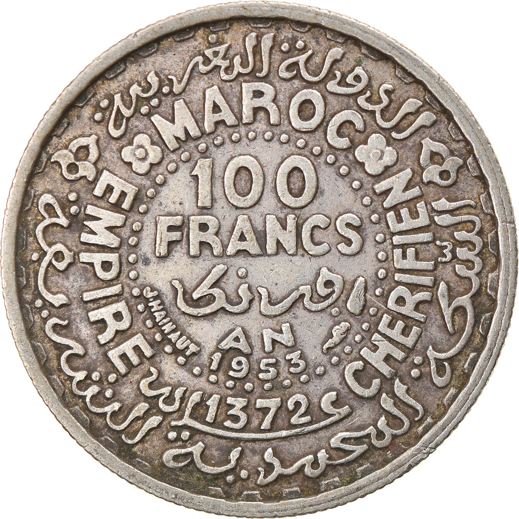Coin, Morocco, Mohammed V, 100 Francs, 1953, Paris, EF(40-45), Silver, KM:52