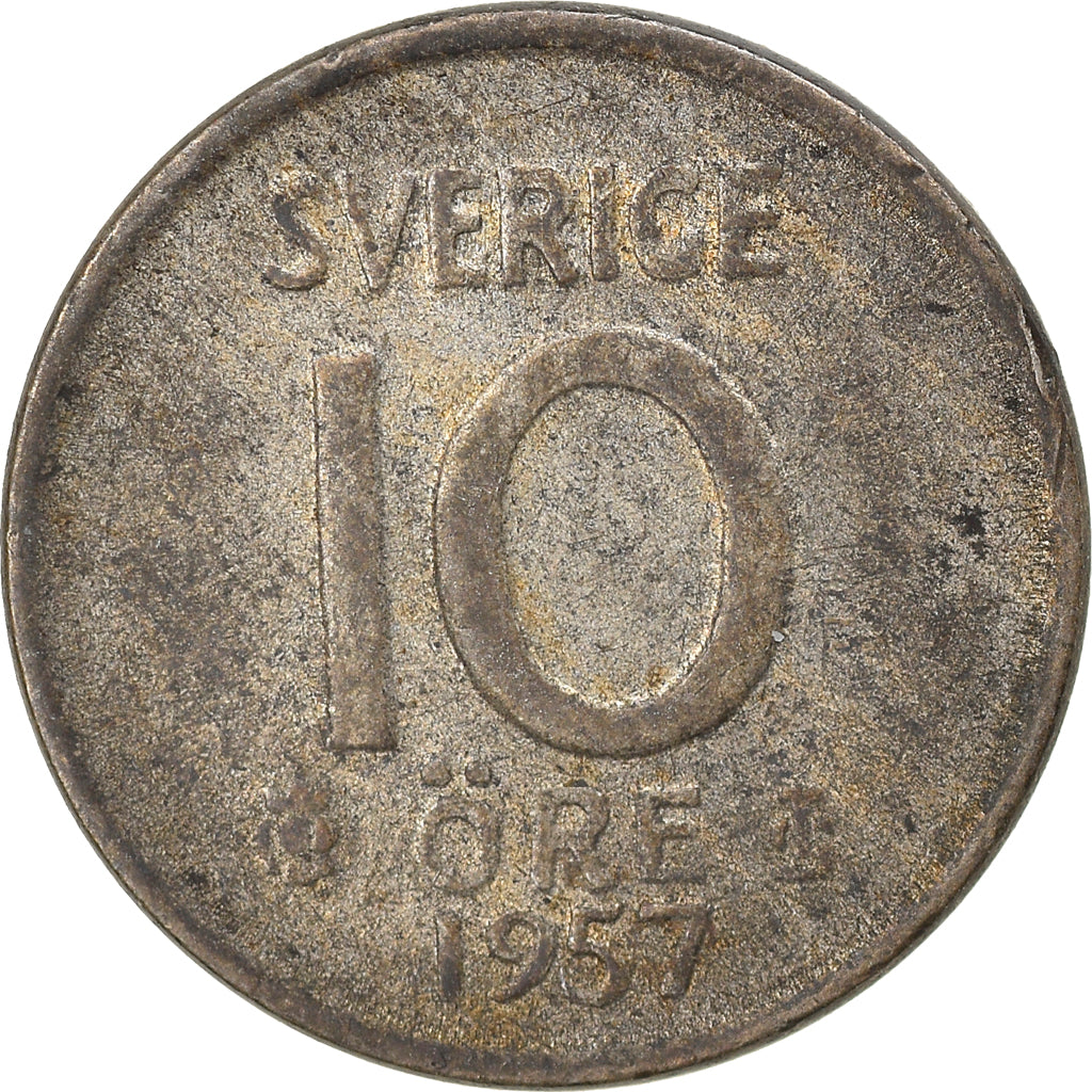 Moneda, Suecia, Gustaf VI, 10 Öre, 1957, BC+, Plata, KM:823