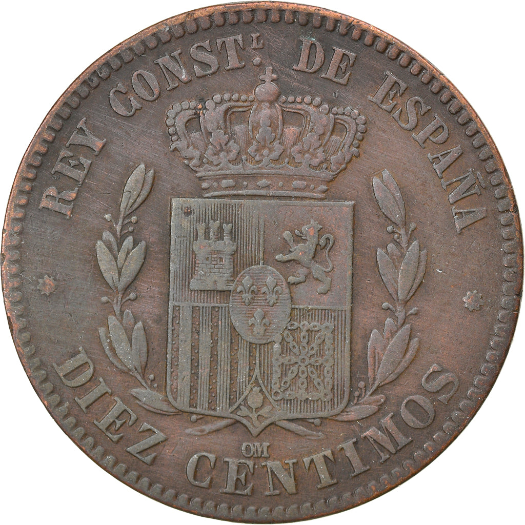 Coin, Spain, Alfonso XII, 10 Centimos, 1877, Madrid, EF(40-45), Bronze, KM:675