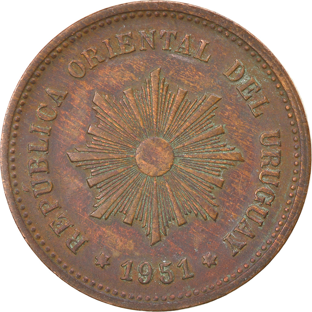 Moneta, Uruguay, 5 Centesimos, 1951, Santiago, MB+, Rame, KM:21a