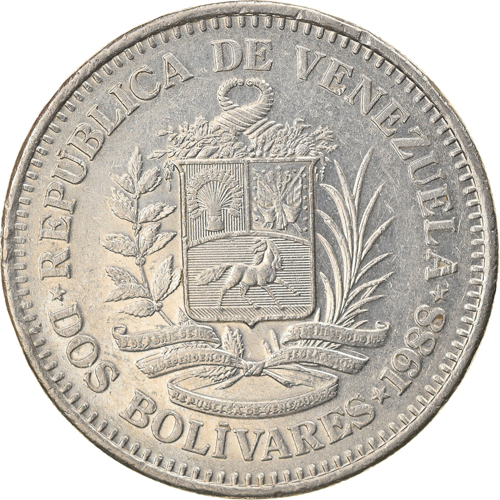 Moneda, Venezuela, 2 Bolivares, 1988, MBC, Níquel, KM:43