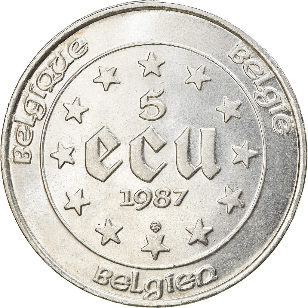 Moeda, Bélgica, 5 Ecu, 1987, AU(55-58), Prata, KM:166
