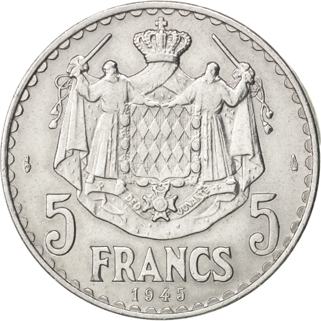 MONACO, 5 Francs, 1945, KM #122, AU(50-53), Aluminum, Gadoury #135, 3.84