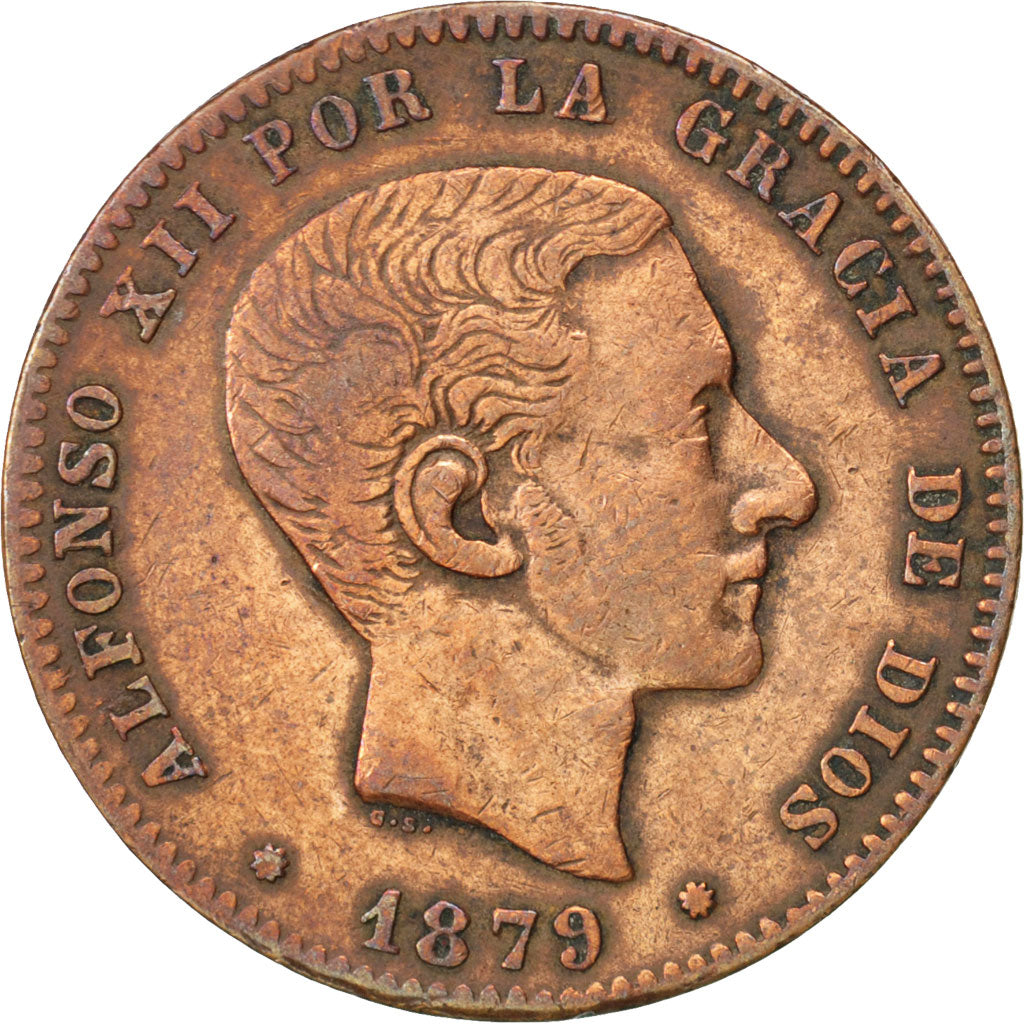 Spain, 10 Centimos, 1879, KM #675, VF(30-35), Copper, 8.89