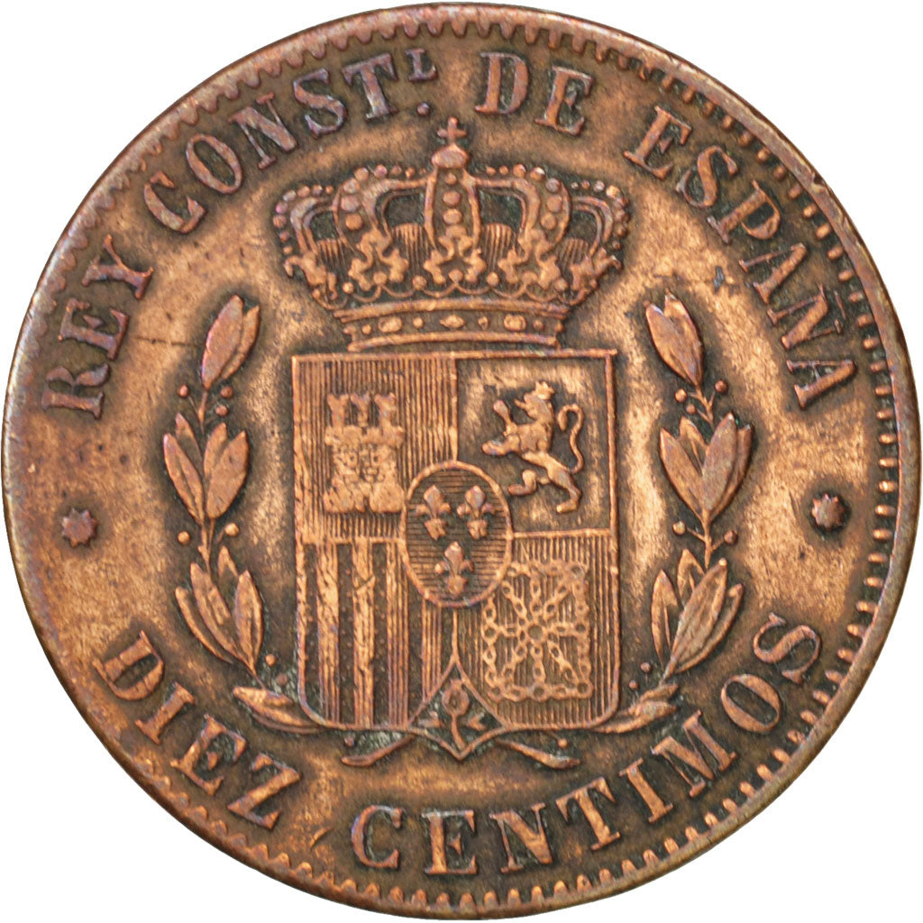 Spain, 10 Centimos, 1879, KM #675, VF(30-35), Copper, 8.89