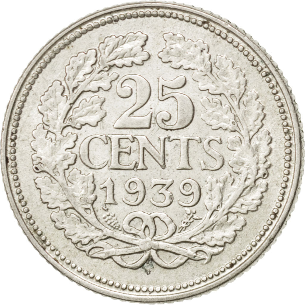 NETHERLANDS, 25 Cents, 1939, KM #164, AU(50-53), Silver, 19, 3.59