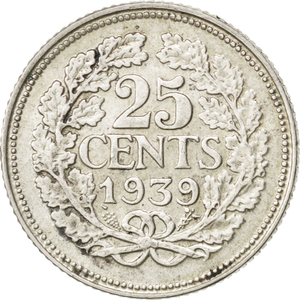 NETHERLANDS, 25 Cents, 1939, KM #164, AU(50-53), Silver, 19, 3.57