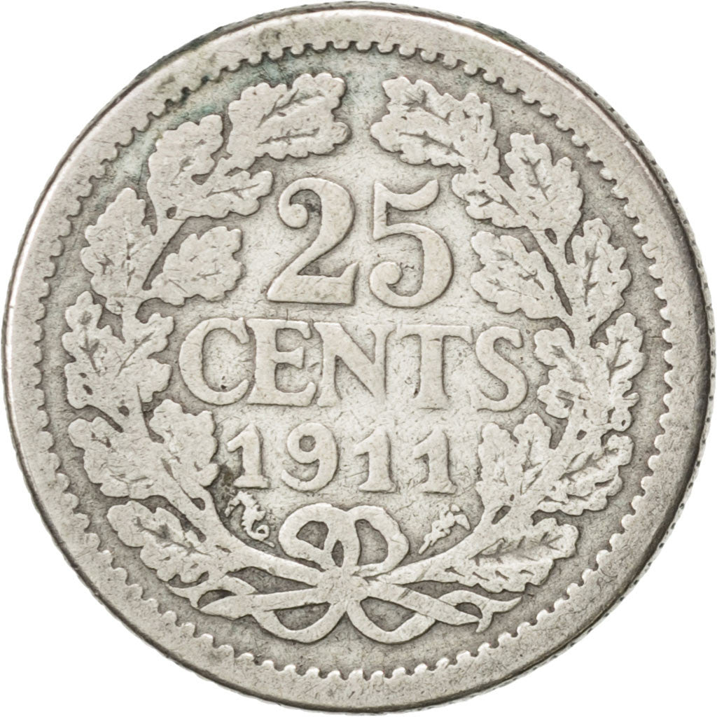 NETHERLANDS, 25 Cents, 1911, KM #146, VF(20-25), Silver, 19, 3.41
