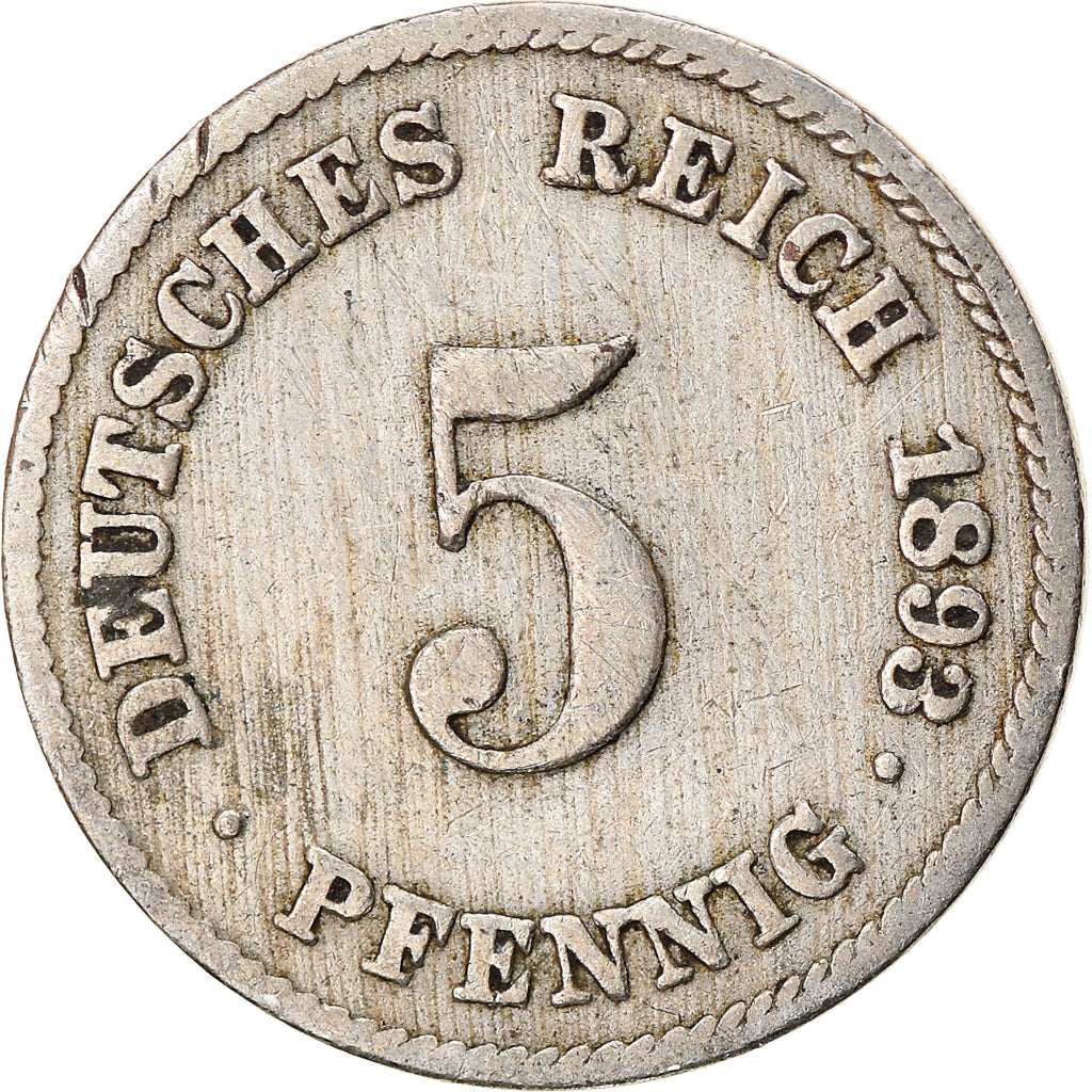 Coin, GERMANY - EMPIRE, Wilhelm II, 5 Pfennig, 1893, Stuttgart, EF(40-45)