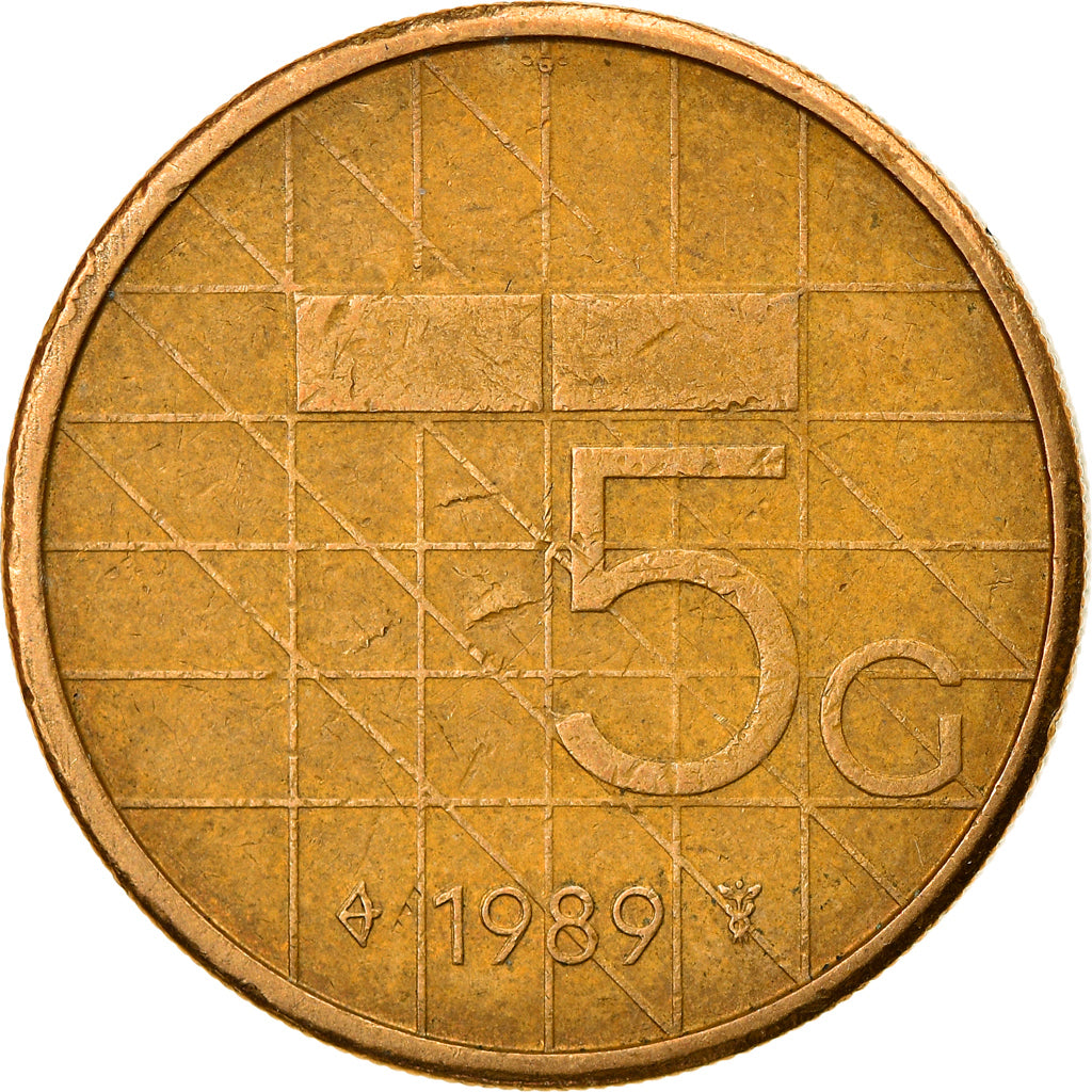 Coin, Netherlands, Beatrix, 5 Gulden, 1989, VF(30-35), Bronze Clad Nickel