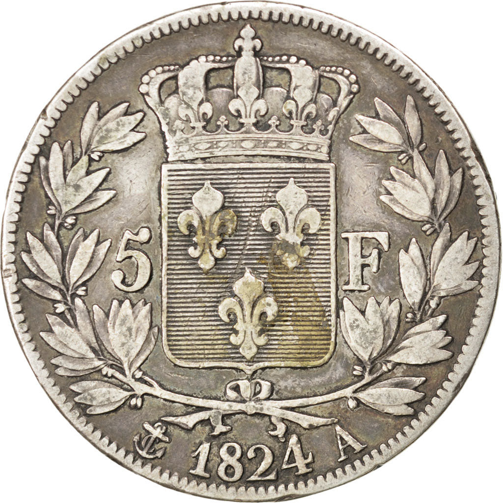 FRANCE, Louis XVIII, 5 Francs, 1824, Paris, KM #711.1, VF(30-35), Silver,...