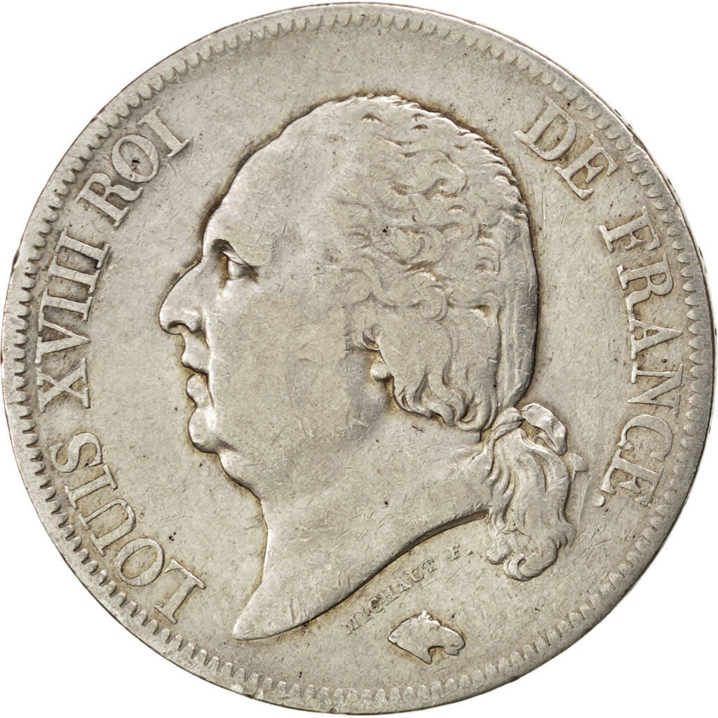 FRANCE, Louis XVIII, 5 Francs, 1818, Rouen, KM #711.2, VF(30-35), Silver,...