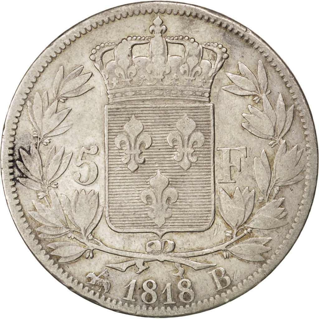 FRANCE, Louis XVIII, 5 Francs, 1818, Rouen, KM #711.2, VF(30-35), Silver,...