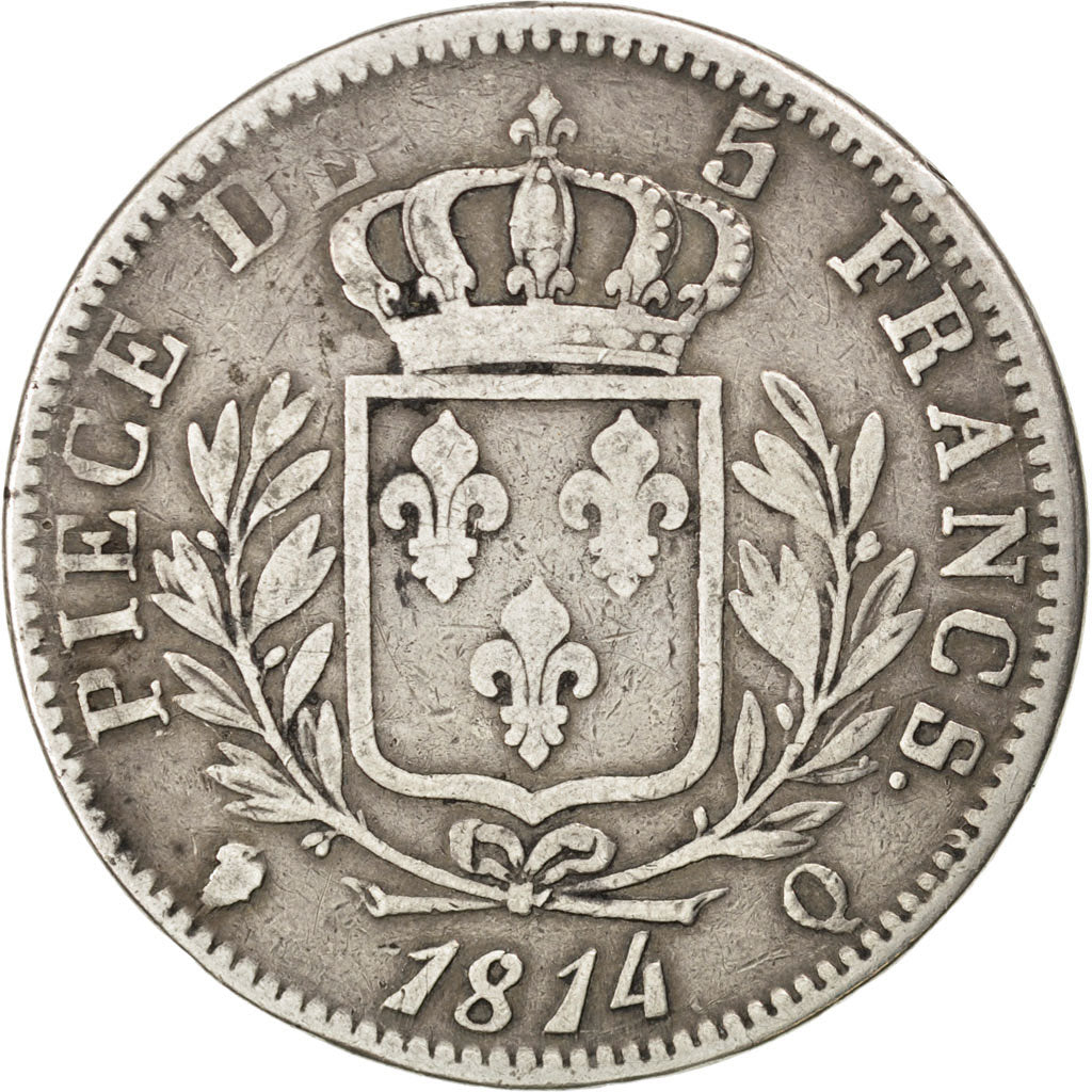 FRANCE, Louis XVIII, 5 Francs, 1814, Perpignan, KM #702.11, VF(20-25), Silver,..