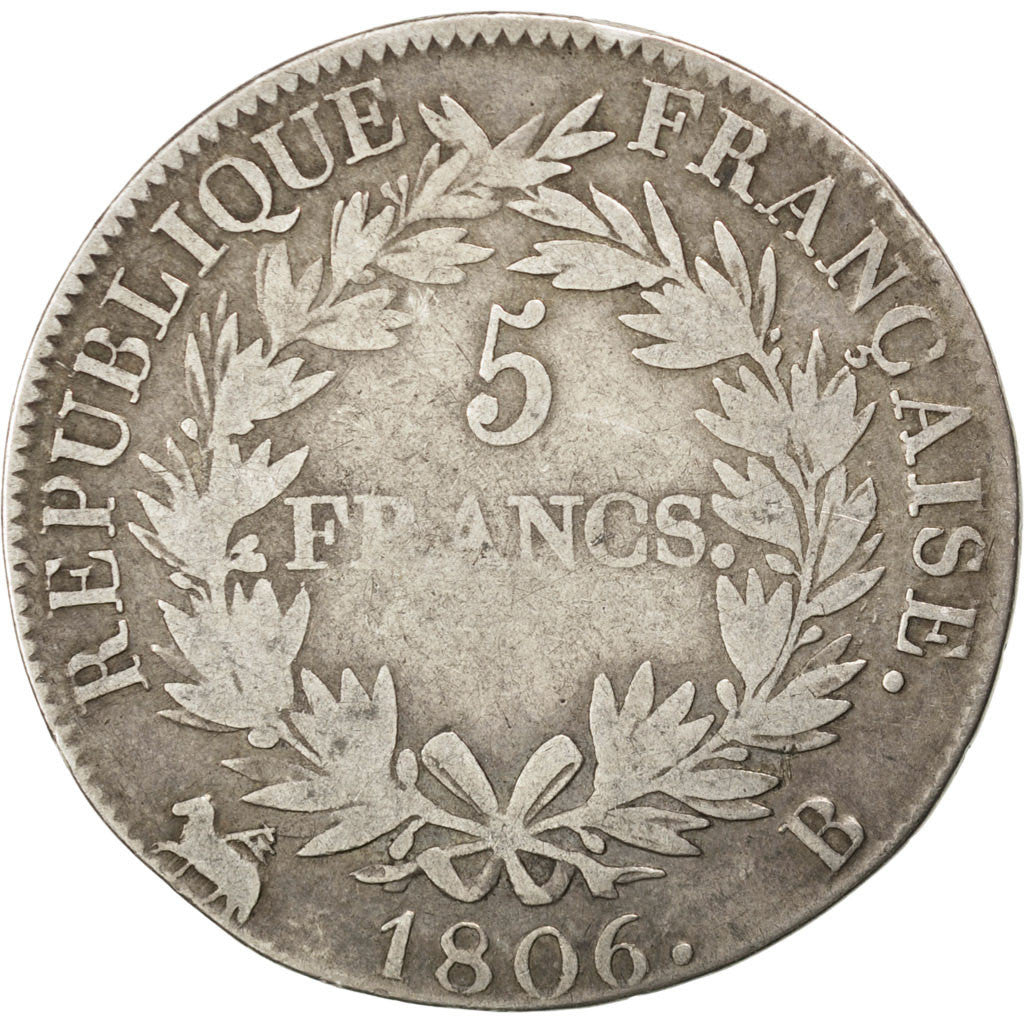 FRANCE, Napoléon I, 5 Francs, 1806, Rouen, KM #673.2, VF(20-25), Silver, Gadoury