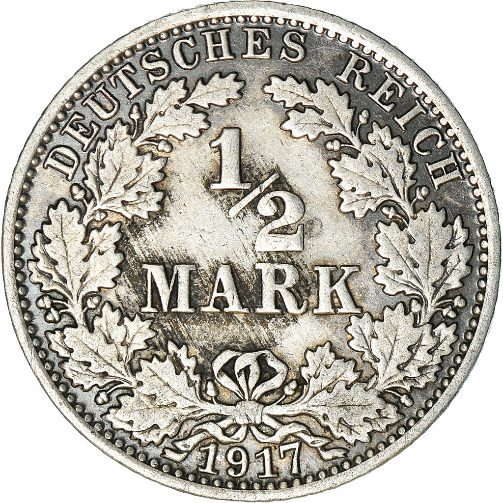Coin, GERMANY - EMPIRE, 1/2 Mark, 1917, Berlin, EF(40-45), Silver, KM:17