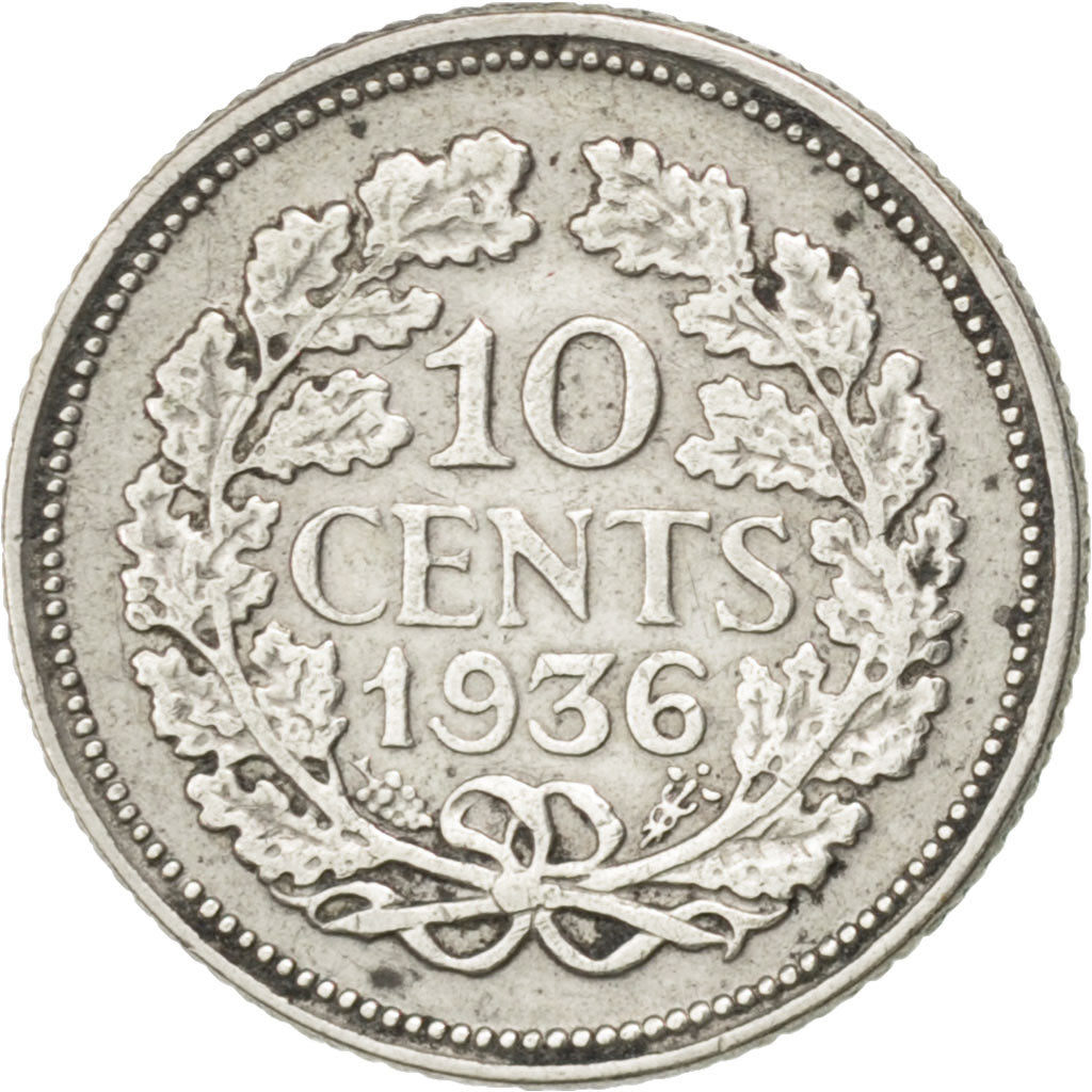 NETHERLANDS, 10 Cents, 1936, KM #163, AU(50-53), Silver, 15, 1.39