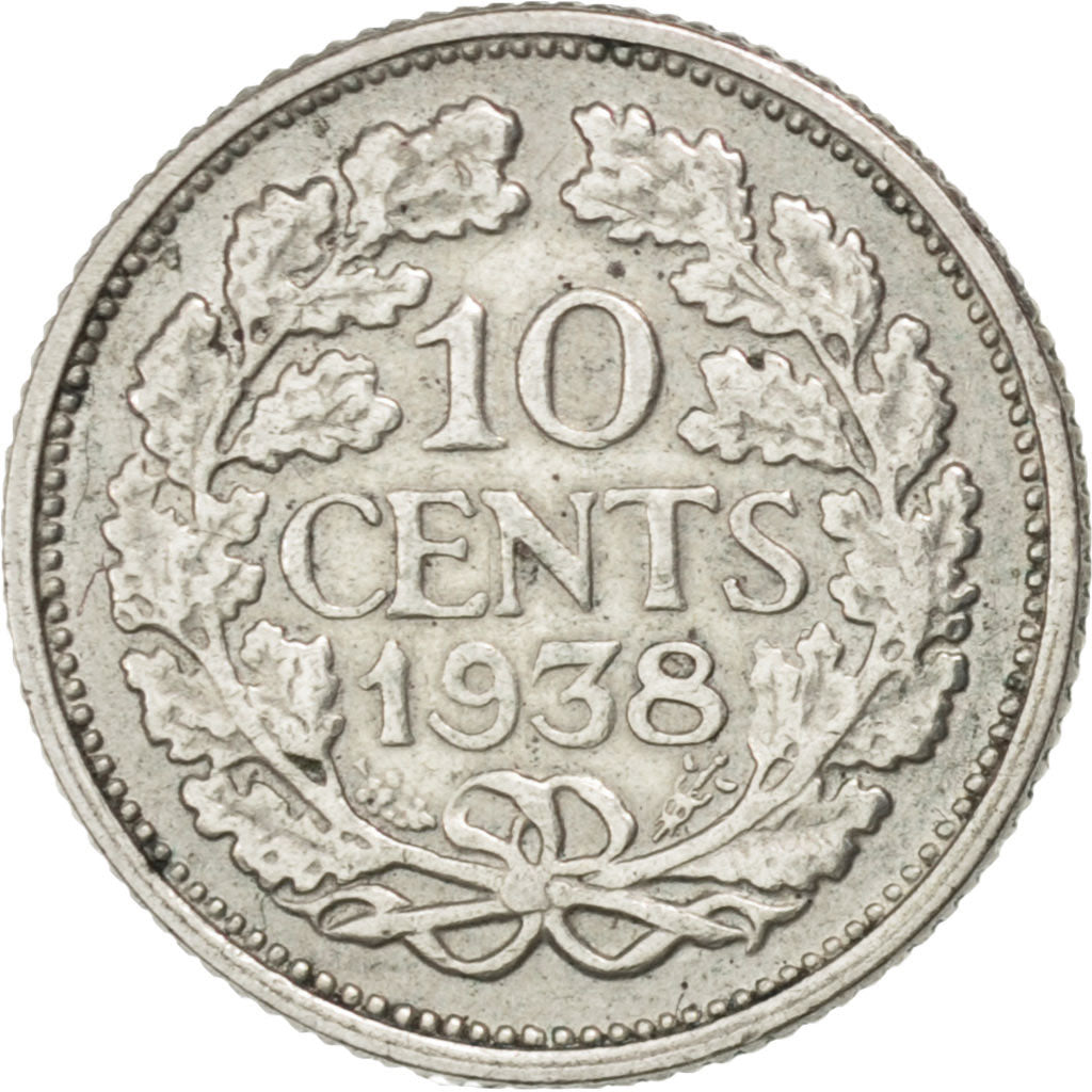 NETHERLANDS, 10 Cents, 1938, KM #163, EF(40-45), Silver, 15, 1.40