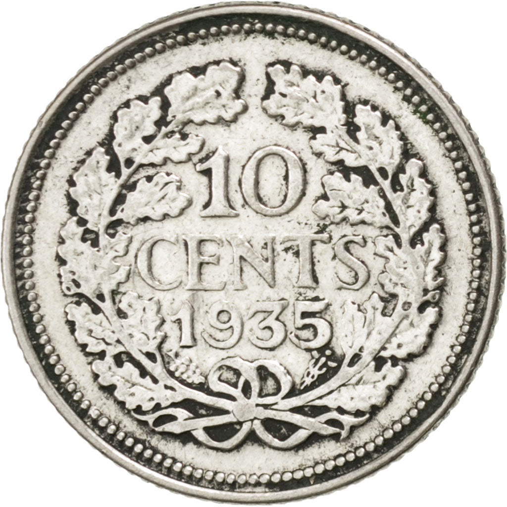 NETHERLANDS, 10 Cents, 1935, KM #163, AU(50-53), Silver, 15, 1.38