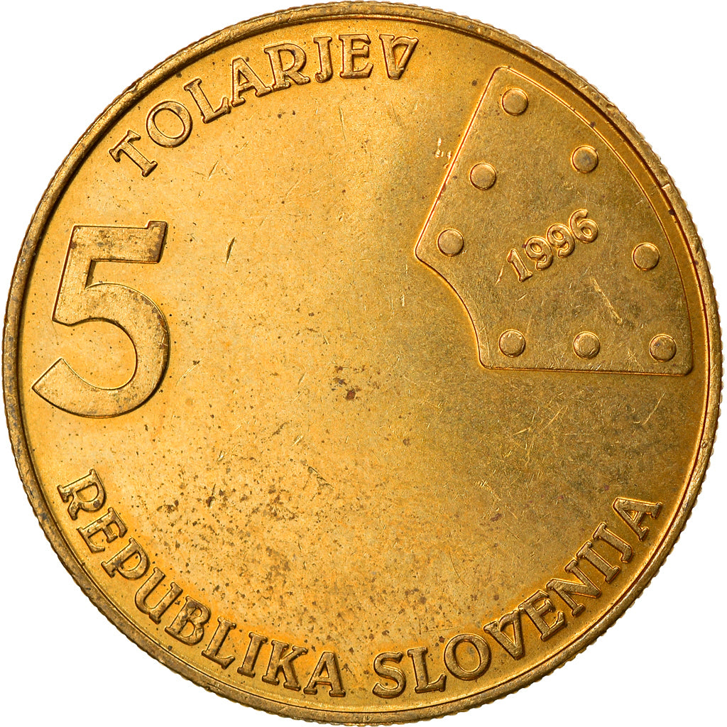 Coin, Slovenia, 5 Tolarjev, 1996, EF(40-45), Nickel-brass, KM:29