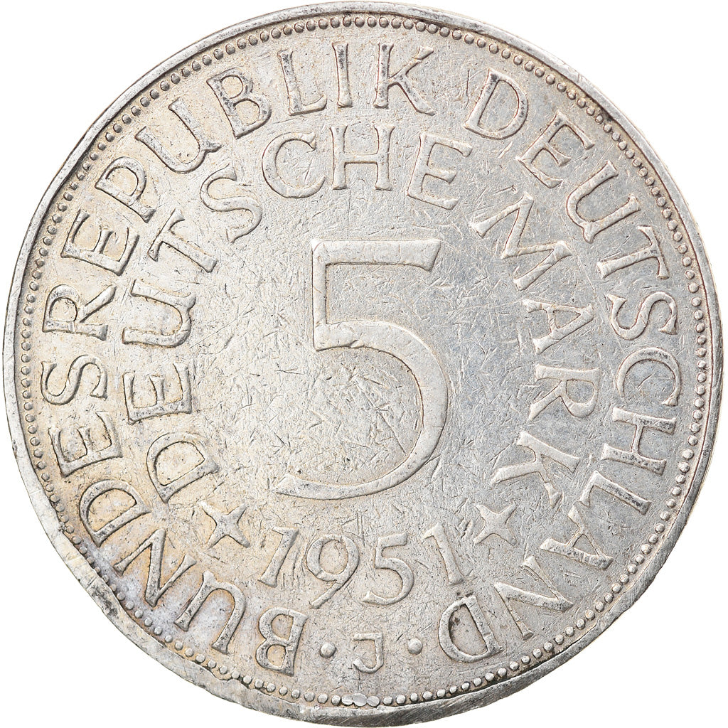 Coin, GERMANY - FEDERAL REPUBLIC, 5 Mark, 1951, Hamburg, VF(30-35), Silver