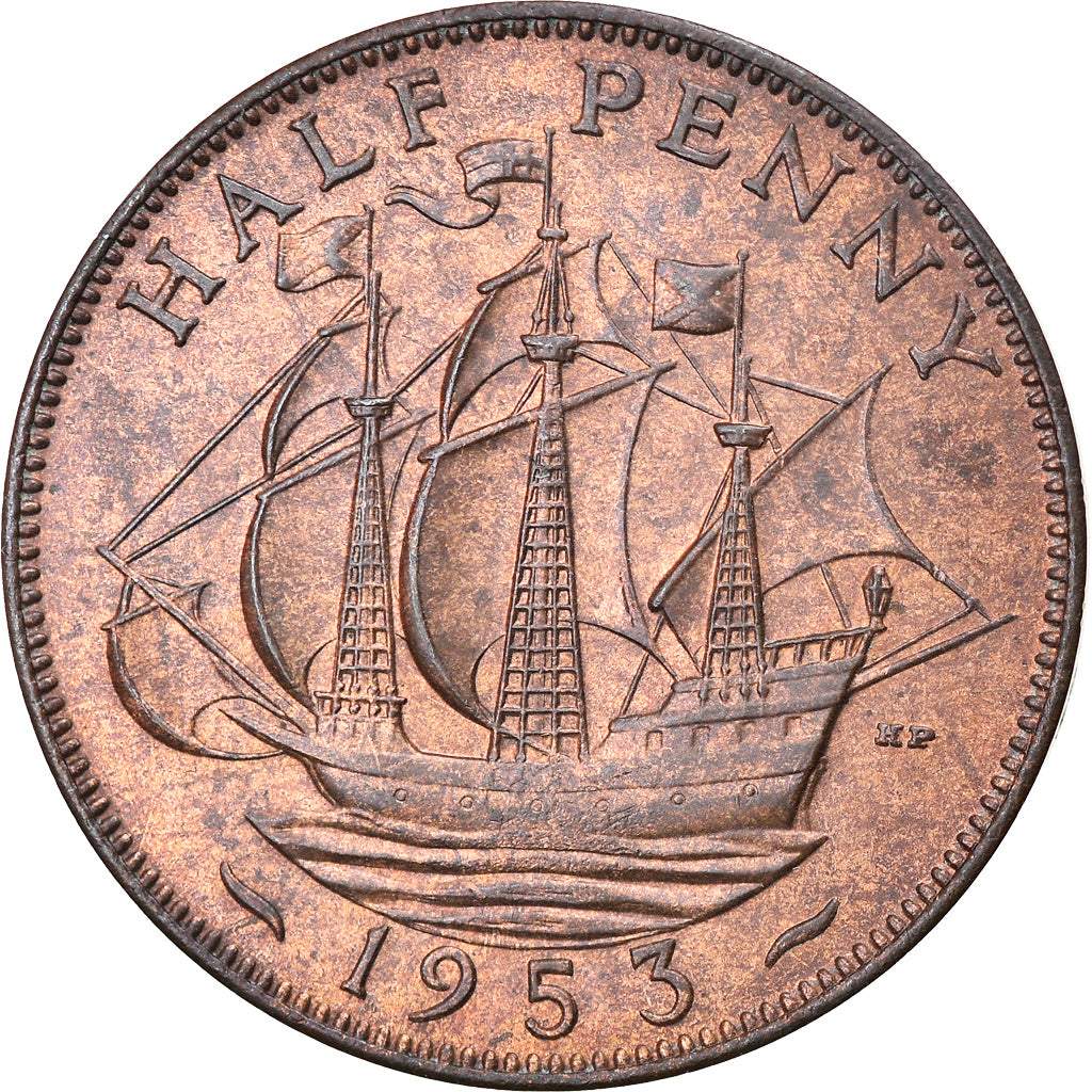 Coin, Great Britain, Elizabeth II, 1/2 Penny, 1953, EF(40-45), Bronze, KM:882