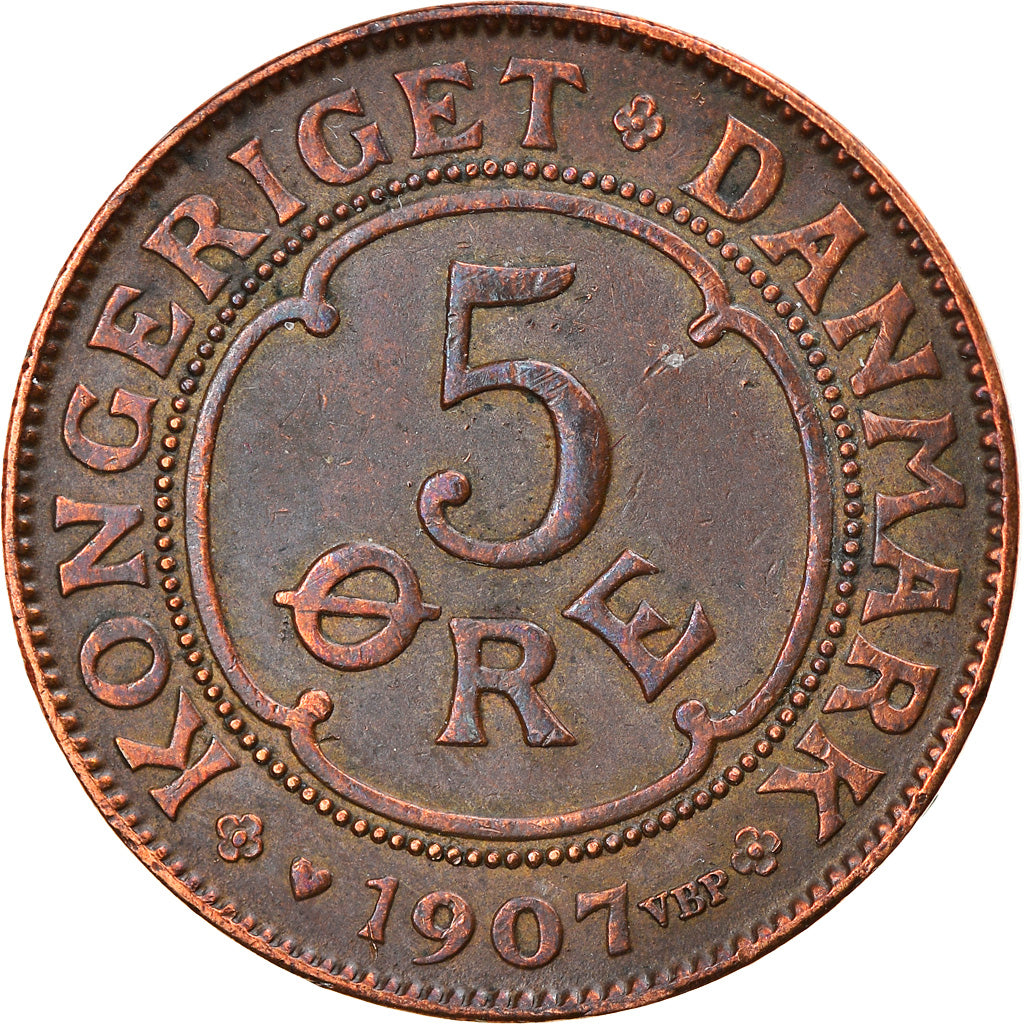 Moneta, Danimarca, Frederik VIII, 5 Öre, 1907, Copenhagen, MB+, Bronzo, KM:806