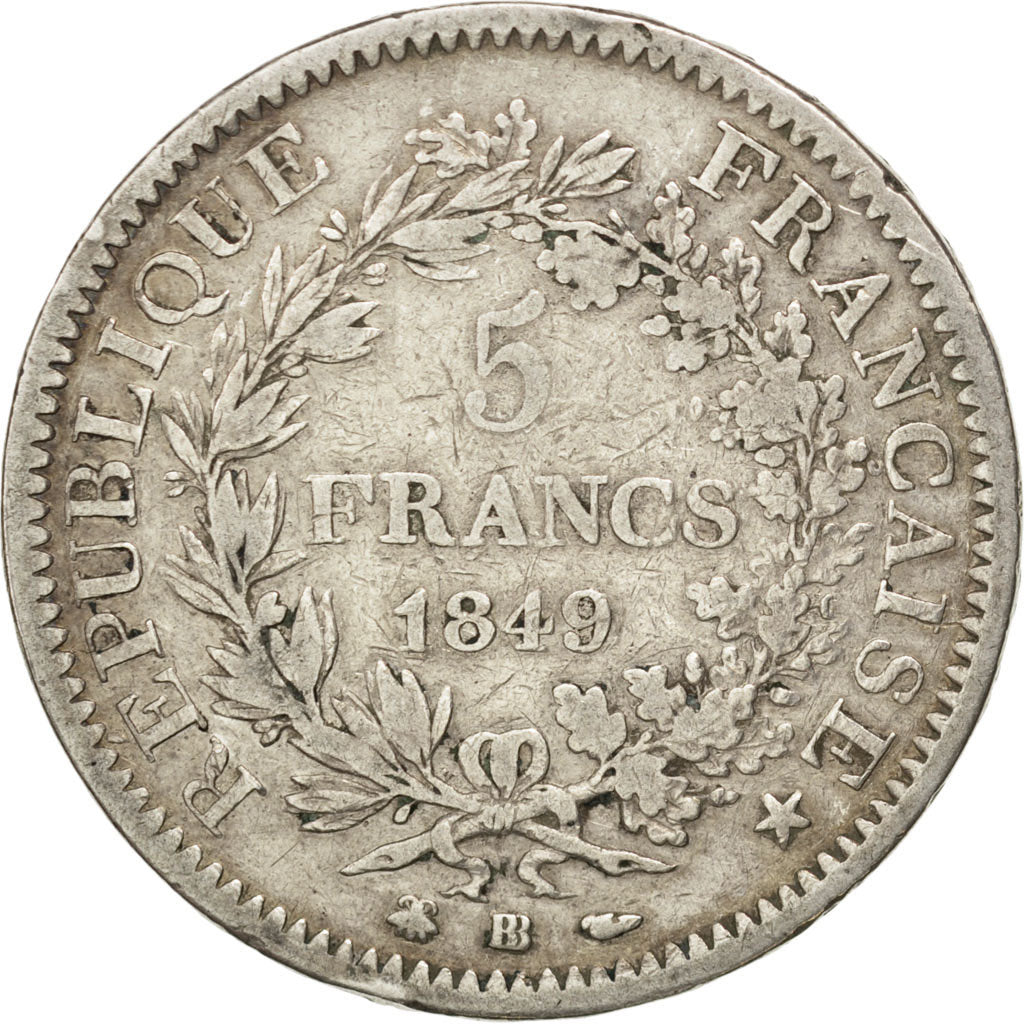FRANCE, Hercule, 5 Francs, 1849, Strasbourg, KM #756.2, VF(30-35), Silver,...