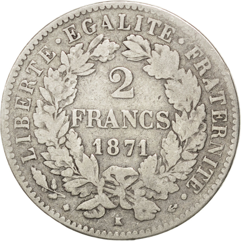 FRANCE, Cérès, 2 Francs, 1871, Bordeaux, KM #816.2, VF(20-25), Silver, Gadoury #