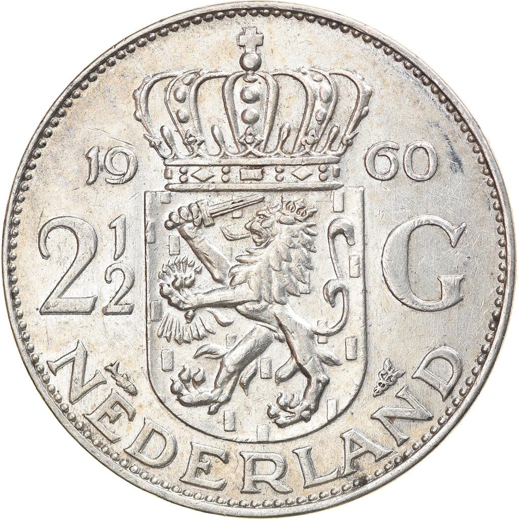 Coin, Netherlands, Juliana, 2-1/2 Gulden, 1960, AU(55-58), Silver, KM:185