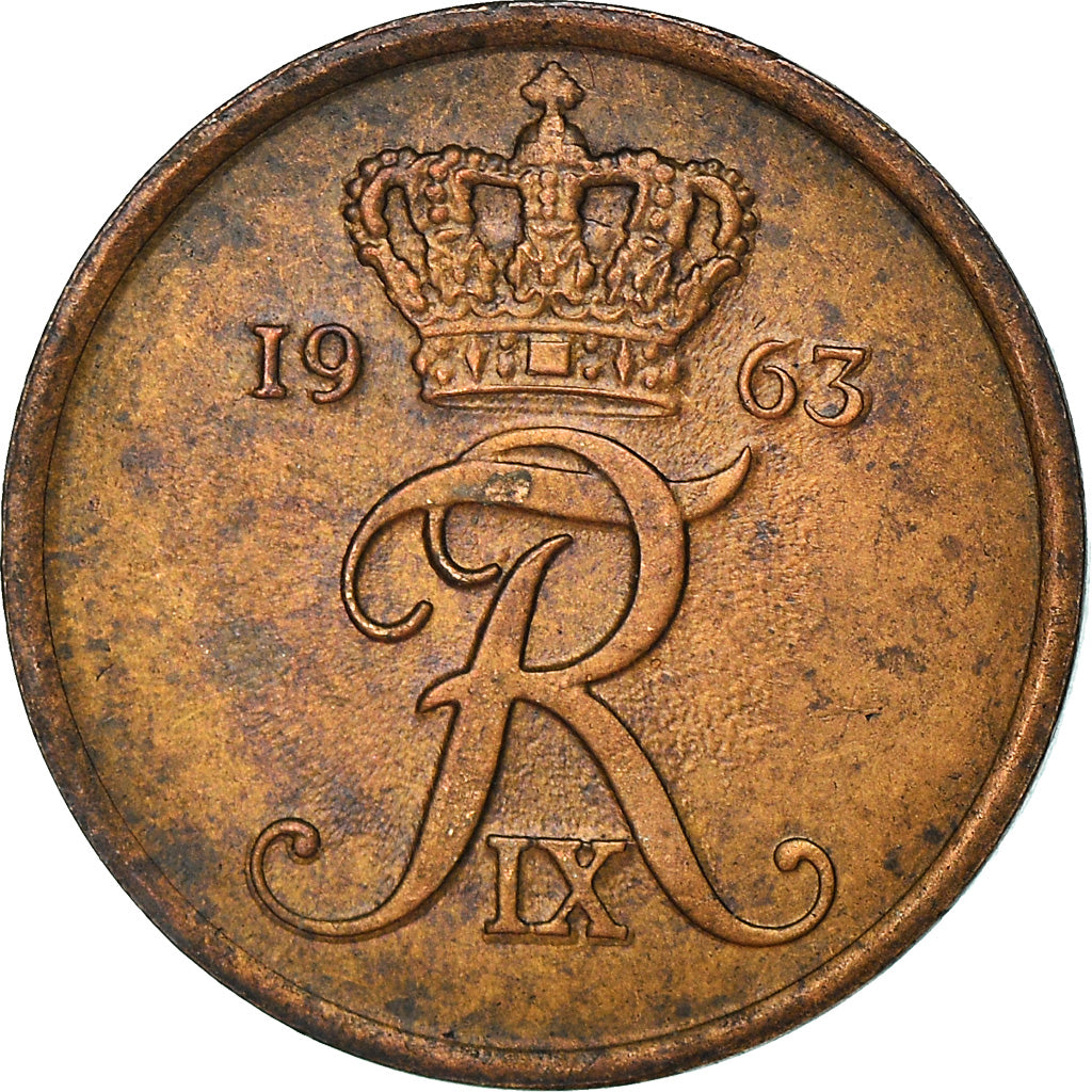 Moneda, Dinamarca, Frederik IX, Ore, 1963, Copenhagen, BC+, Bronce, KM:846