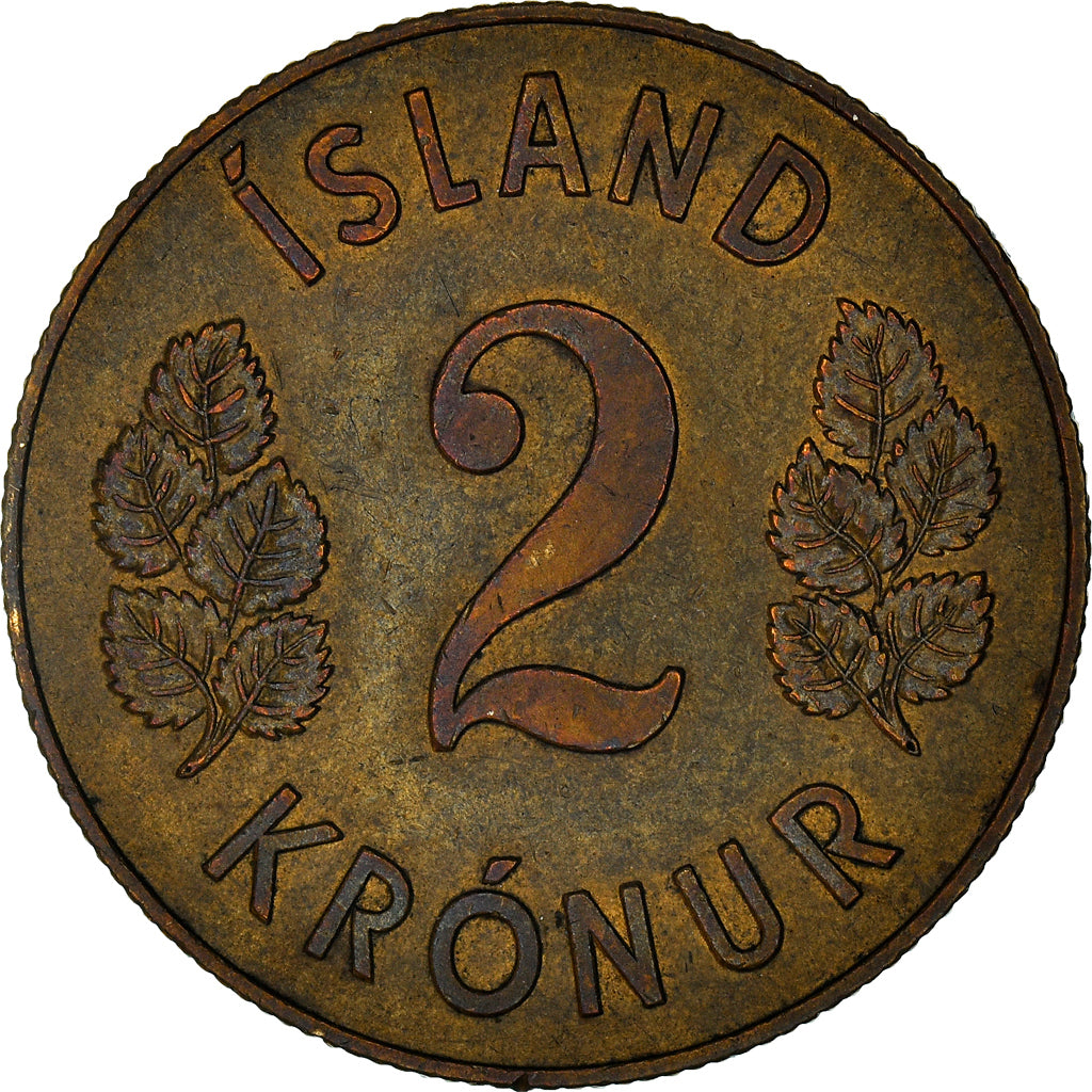 Moneda, Islandia, 2 Kronur, 1958, BC+, Níquel - latón, KM:13a.1