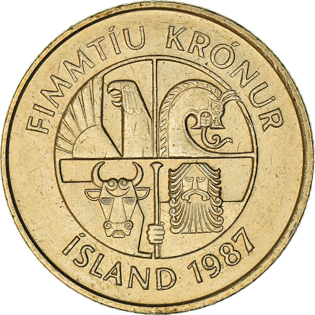 Coin, Iceland, 50 Kronur, 1987, EF(40-45), Nickel-brass, KM:31