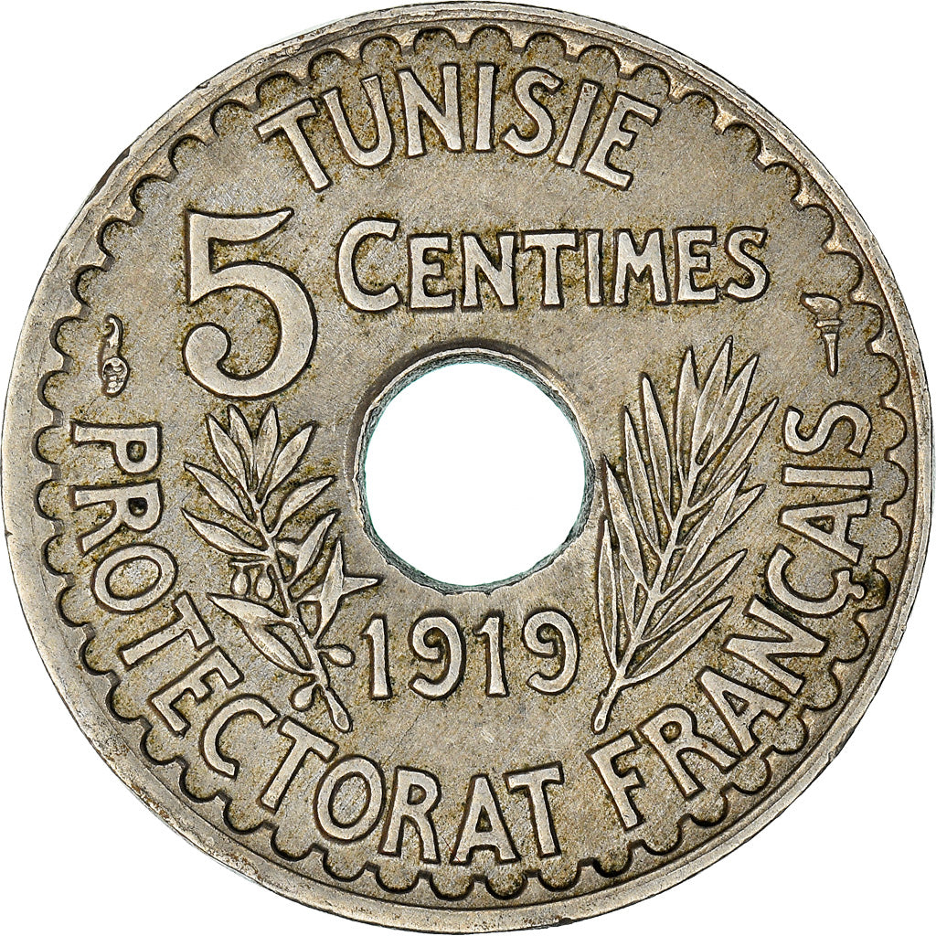 Moneda, Túnez, Muhammad al-Nasir Bey, 5 Centimes, 1919, Paris, MBC, Níquel -