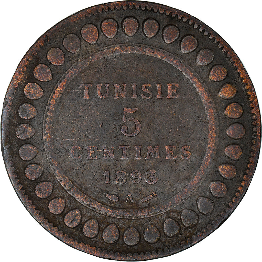 Coin, Tunisia, Ali Bey, 5 Centimes, 1893, Paris, VF(30-35), Bronze, KM:221