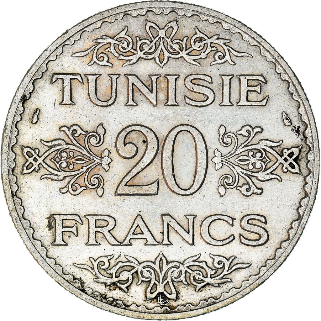 Coin, Tunisia, Ahmad Pasha Bey, 20 Francs, 1934, Paris, EF(40-45), Silver