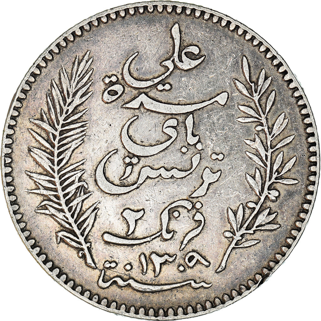 Coin, Tunisia, Ali Bey, 2 Francs, 1892, Paris, EF(40-45), Silver, KM:225