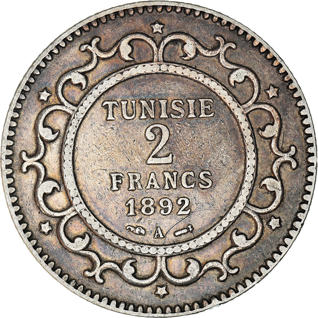 Coin, Tunisia, Ali Bey, 2 Francs, 1892, Paris, EF(40-45), Silver, KM:225